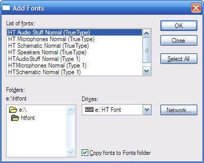 Select one set of fonts to install with the Add Fonts dialog.