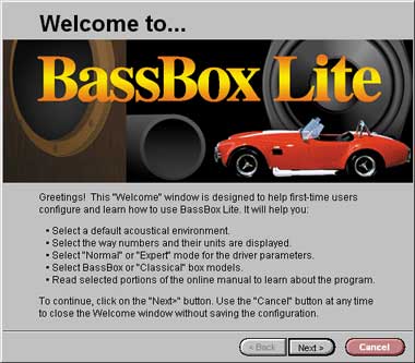 The BassBox Lite Welcome window.
